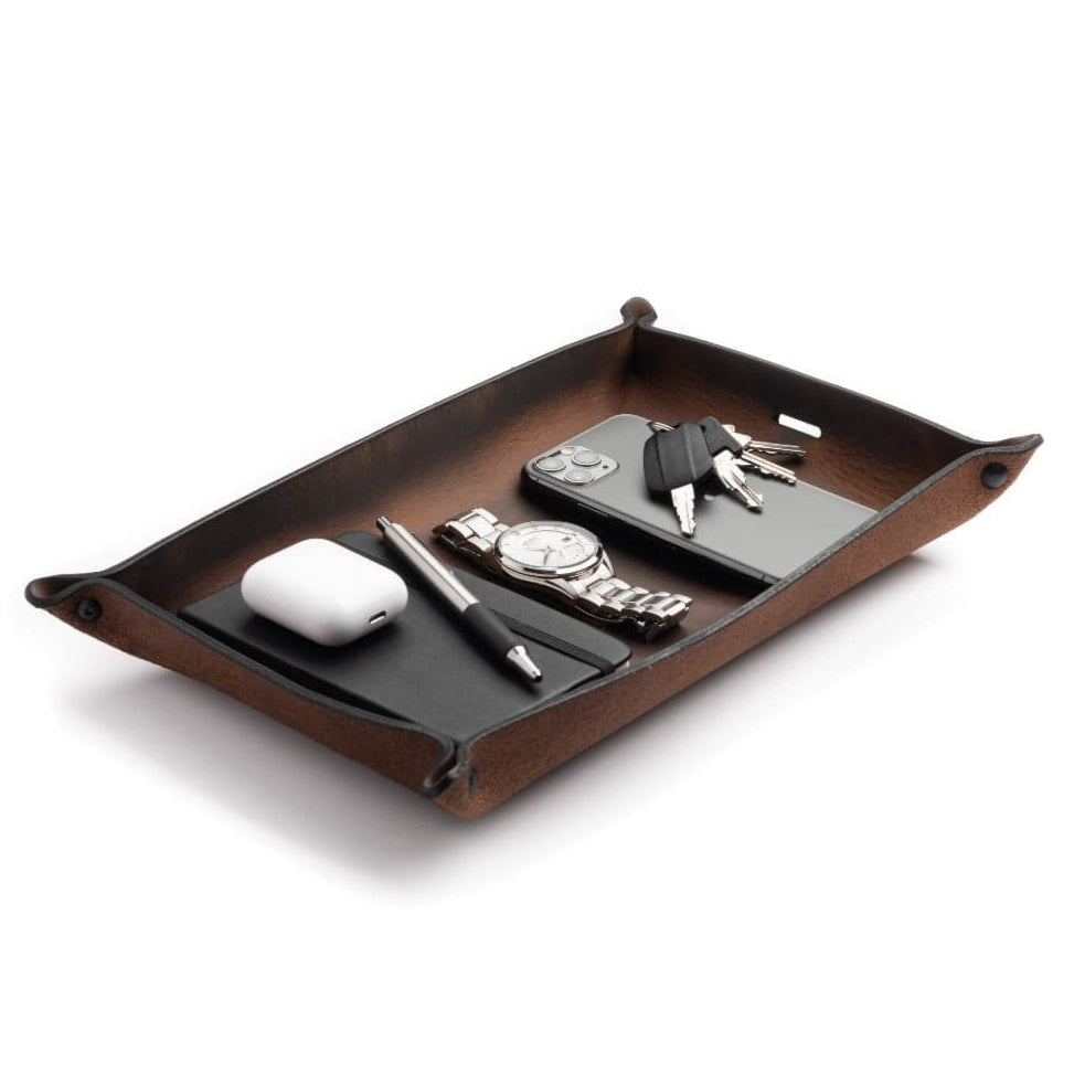 Main Street Forge Small Goods Extra Large / Bootlegger Brown Full Grain Leather Valet Tray - Charging Station for Nightstand, Table, Bedroom, Kitchen, Office 816895028506