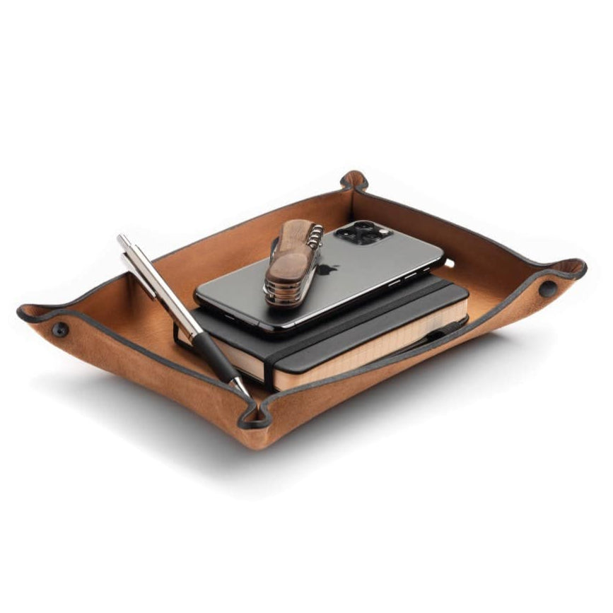Main Street Forge Small Goods Large / Charred Oak Full Grain Leather Valet Tray - Charging Station for Nightstand, Table, Bedroom, Kitchen, Office 816895023181
