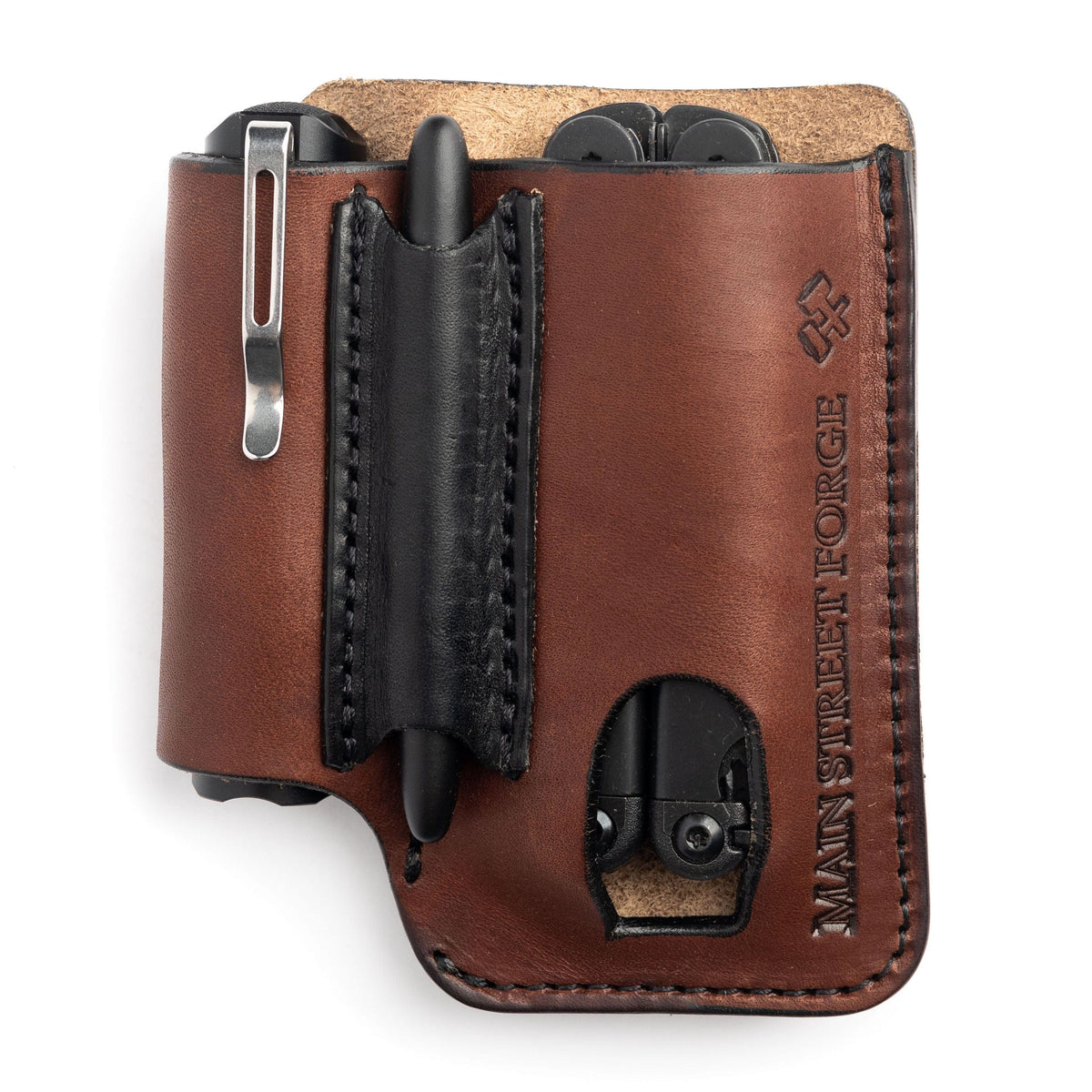 Main Street Forge Wallet Whiskey Barrel Brown Made in USA Leather EDC Pouch | Leather Multitool Sheath/Holster for Men | Belt Clip/Pocket Organizer for Leatherman, Gerber &amp; SOG Multitools | Knife/Multi Tool &amp; Flashlight &amp; Pen Holder