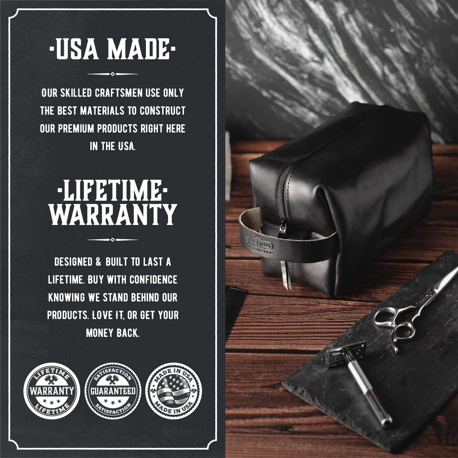 Main Street Forge Premium Full Grain Leather Toiletry Bag for Men | Made in USA | Travel Pack for Shaving Essentials & Accessories | Compact, Lightweight Mens Bathroom & Shower Case
