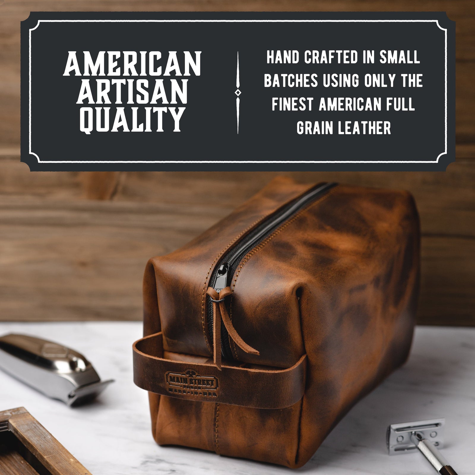 Main Street Forge Premium Full Grain Leather Toiletry Bag for Men | Made in USA | Travel Pack for Shaving Essentials & Accessories | Compact, Lightweight Mens Bathroom & Shower Case