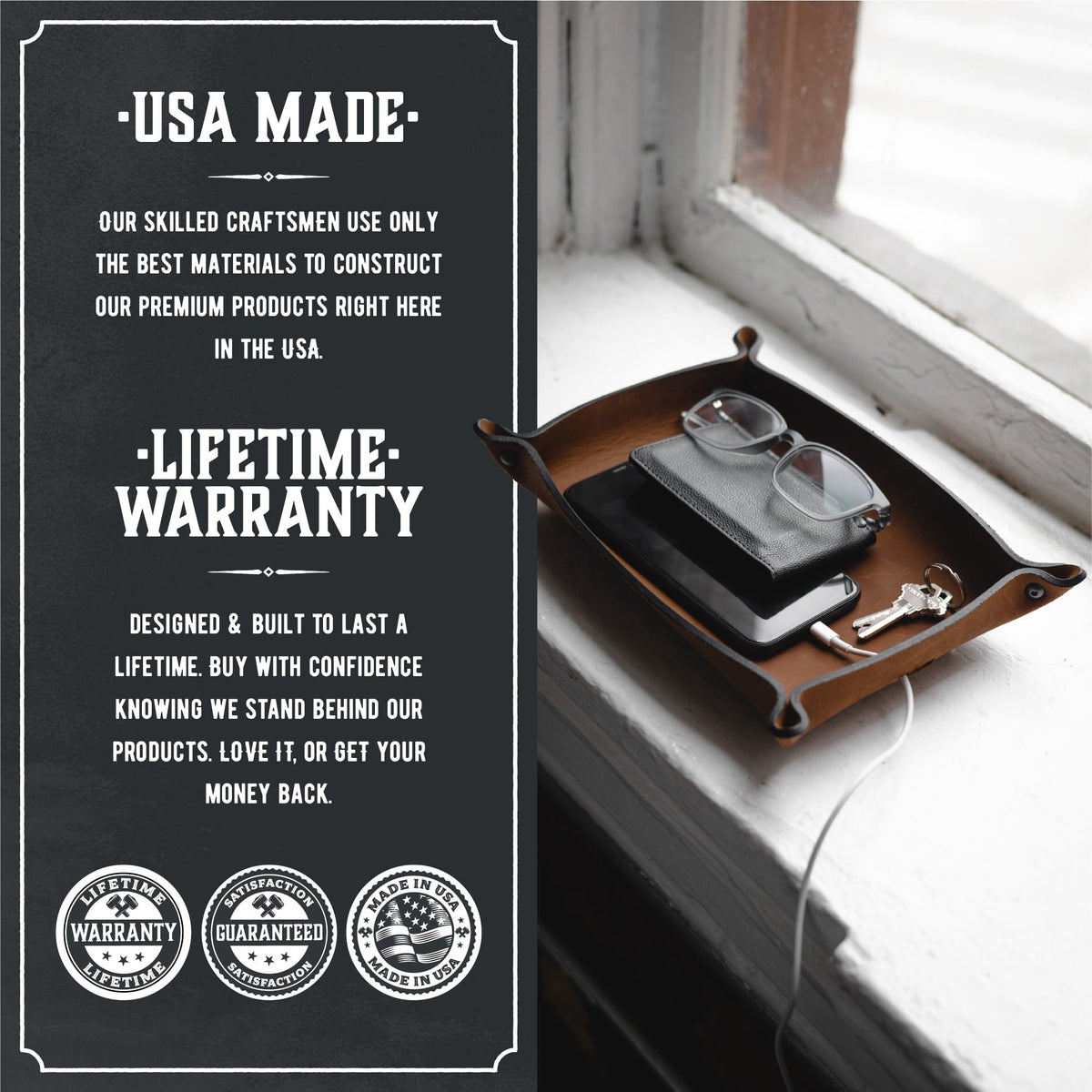 Main Street Forge Small Goods Full Grain Leather Valet Tray - Charging Station for Nightstand, Table, Bedroom, Kitchen, Office