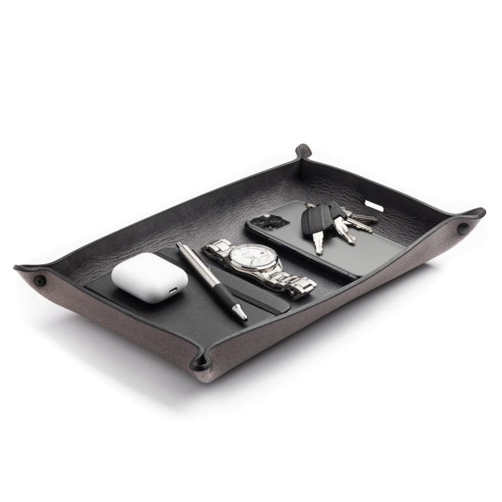 Main Street Forge Small Goods Extra Large / Avalanche Gray Full Grain Leather Valet Tray - Charging Station for Nightstand, Table, Bedroom, Kitchen, Office 816895028513