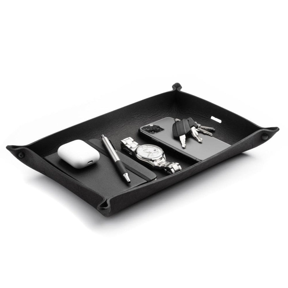 Main Street Forge Small Goods Extra Large / Midnight Black Full Grain Leather Valet Tray - Charging Station for Nightstand, Table, Bedroom, Kitchen, Office 816895028483