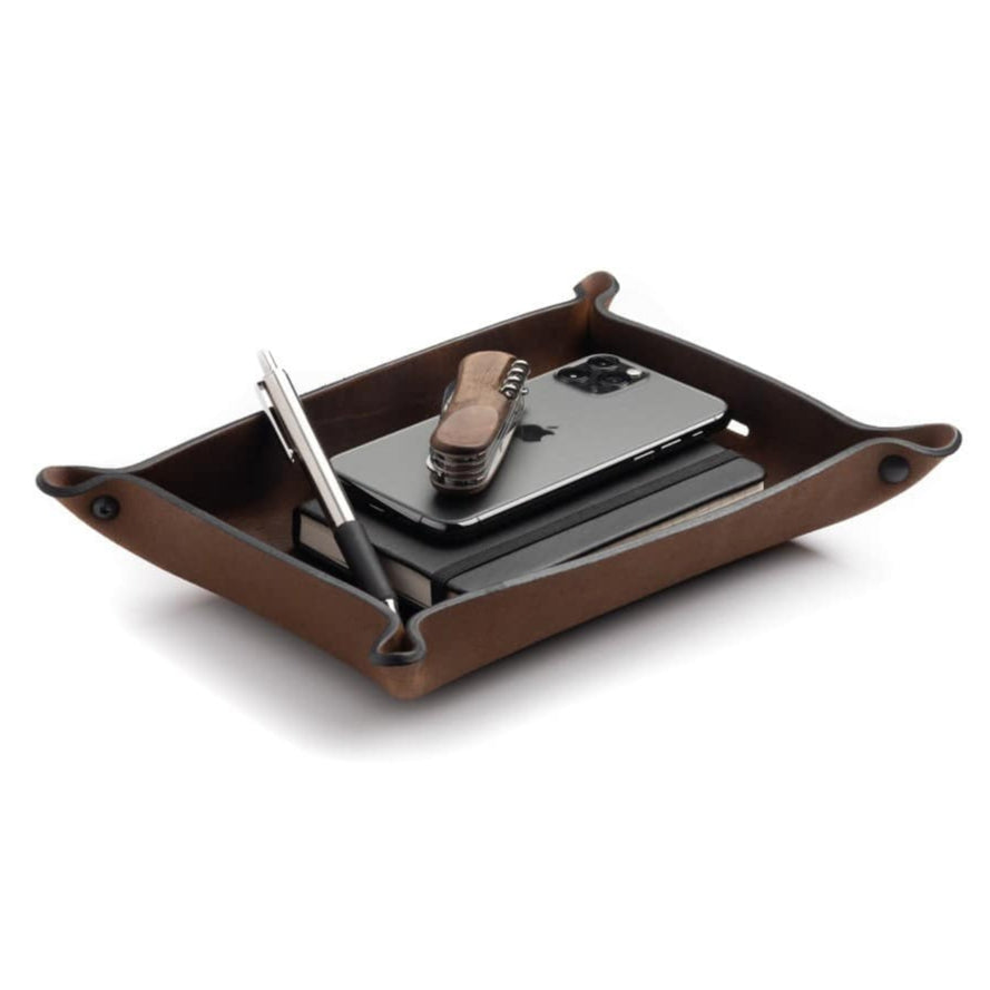 Main Street Forge Small Goods Large / Bootlegger Brown Full Grain Leather Valet Tray - Charging Station for Nightstand, Table, Bedroom, Kitchen, Office 816895023440