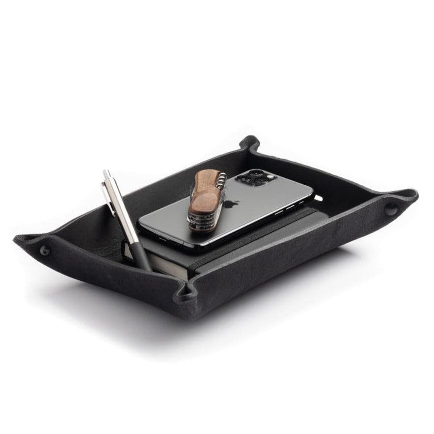 Main Street Forge Small Goods Large / Midnight Black Full Grain Leather Valet Tray - Charging Station for Nightstand, Table, Bedroom, Kitchen, Office 816895023174