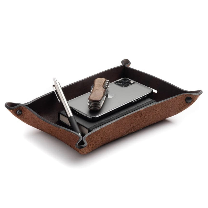 Main Street Forge Small Goods Large / Whiskey Barrel Brown Full Grain Leather Valet Tray - Charging Station for Nightstand, Table, Bedroom, Kitchen, Office 816895023204