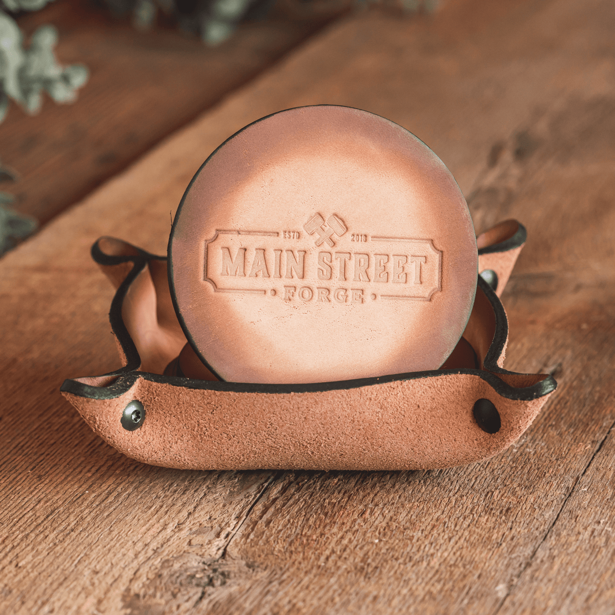 Main Street Forge Leather Coaster Set with Tray - 4 Round Coasters for Drinks with Square Holder for Men - Hand Made in USA - Rustic Modern Design Great for Coffee Table, Bar, Kitchen, Dining Room