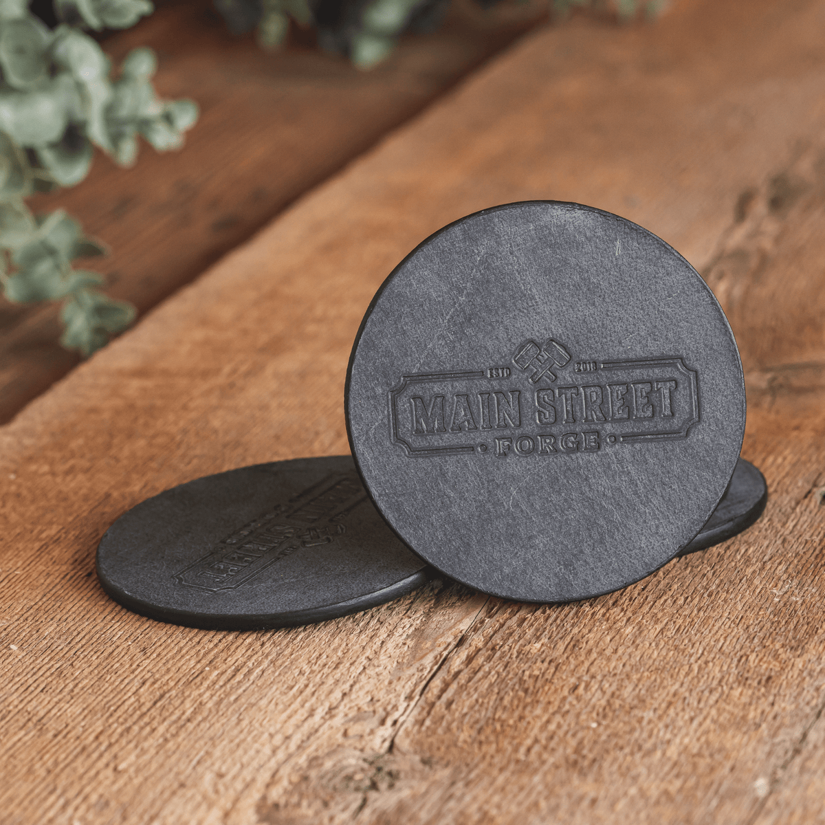 Main Street Forge Leather Coaster Set with Tray - 4 Round Coasters for Drinks with Square Holder for Men - Hand Made in USA - Rustic Modern Design Great for Coffee Table, Bar, Kitchen, Dining Room