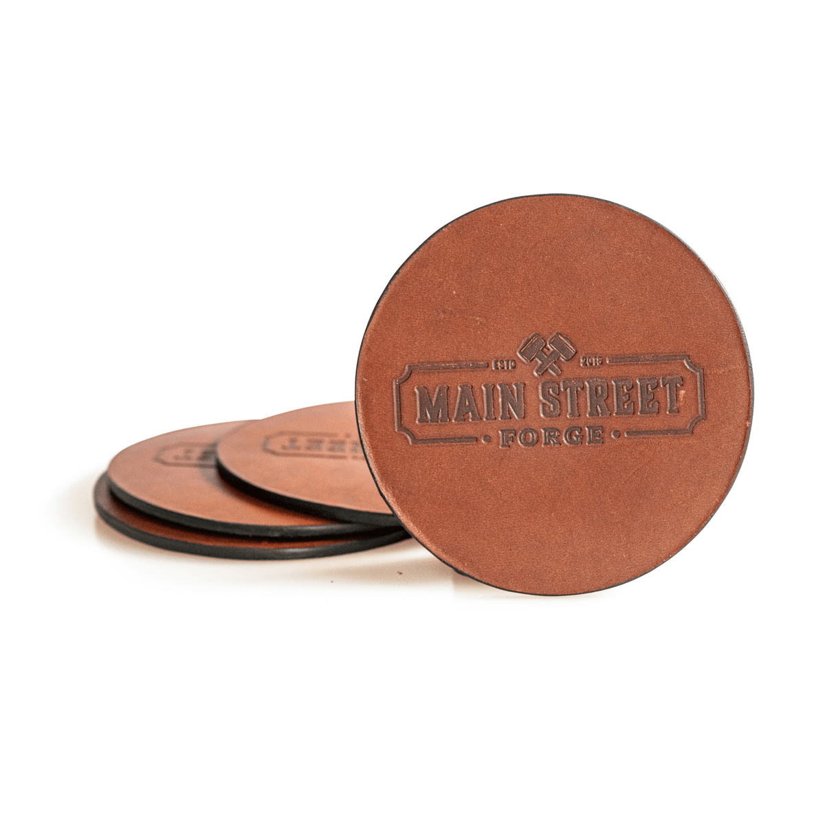 Main Street Forge Rio Latigo Leather Coaster Set with Tray - 4 Round Coasters for Drinks with Square Holder for Men - Hand Made in USA - Rustic Modern Design Great for Coffee Table, Bar, Kitchen, Dining Room 816895023242