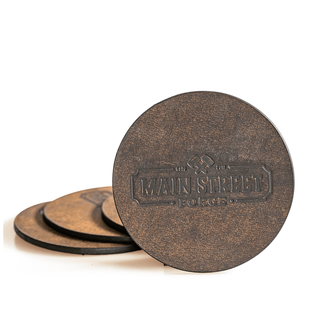 Main Street Forge Leather Coaster Set with Tray - 4 Round Coasters for Drinks with Square Holder for Men - Hand Made in USA - Rustic Modern Design Great for Coffee Table, Bar, Kitchen, Dining Room