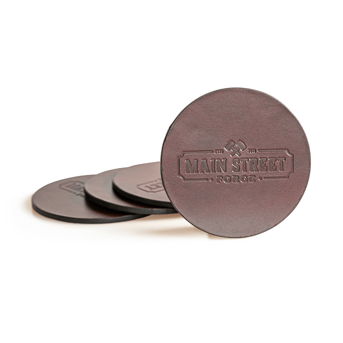 Main Street Forge Whiskey Barrel Brown Leather Coaster Set with Tray - 4 Round Coasters for Drinks with Square Holder for Men - Hand Made in USA - Rustic Modern Design Great for Coffee Table, Bar, Kitchen, Dining Room 816895023266