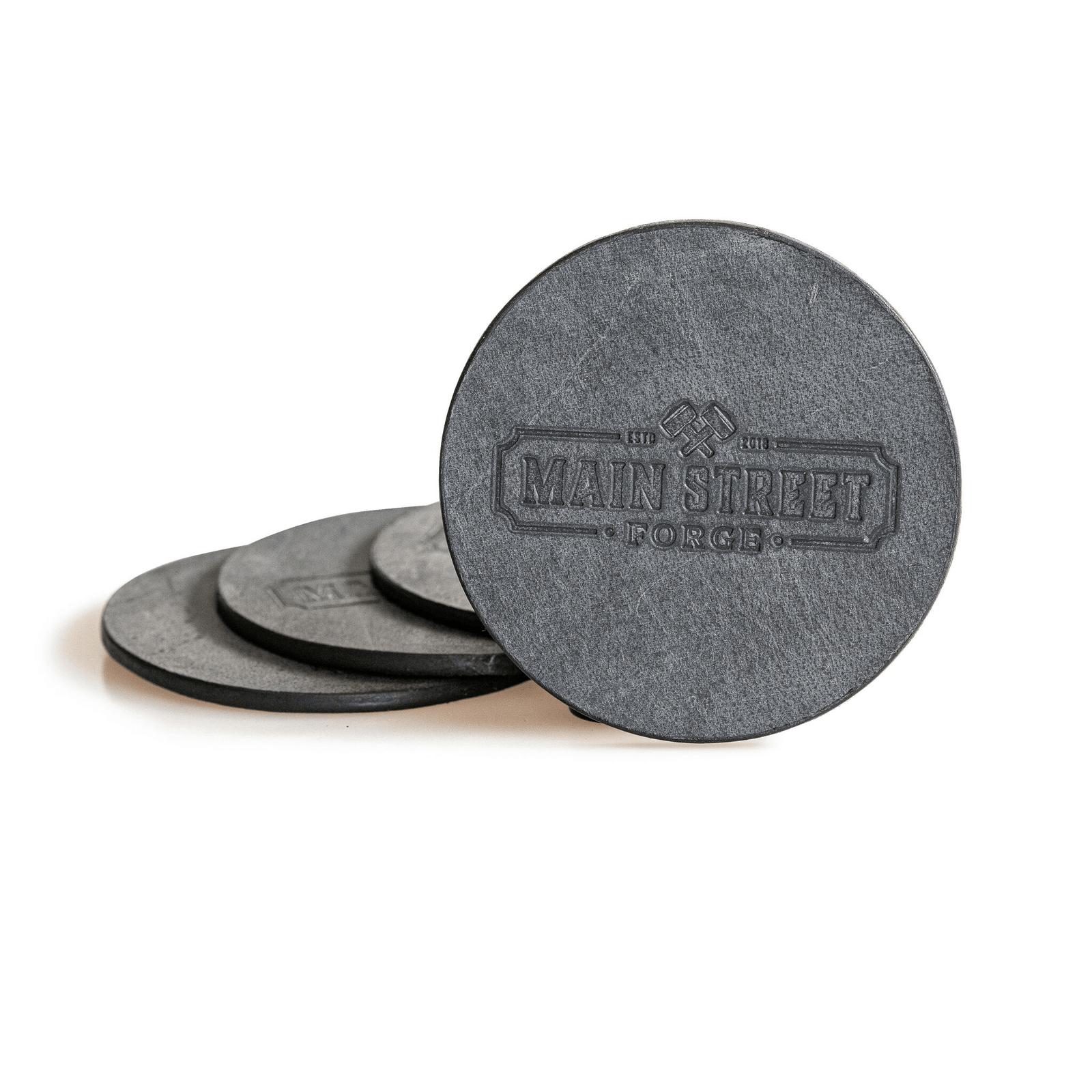 Main Street Forge Leather Coaster Set with Tray - 4 Round Coasters for Drinks with Square Holder for Men - Hand Made in USA - Rustic Modern Design Great for Coffee Table, Bar, Kitchen, Dining Room