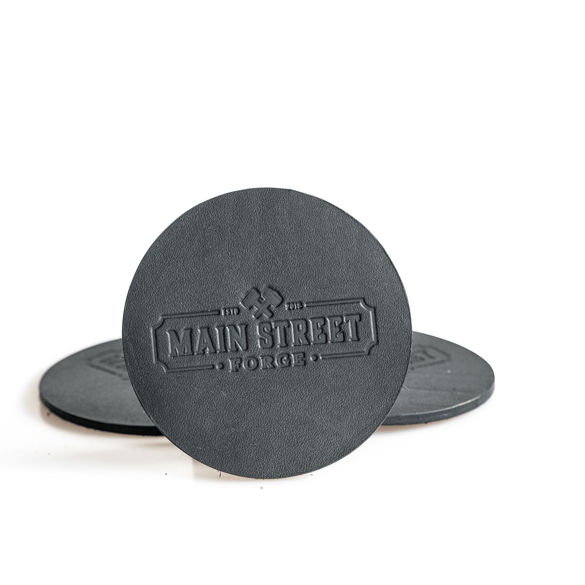 Main Street Forge Leather Coaster Set with Tray - 4 Round Coasters for Drinks with Square Holder for Men - Hand Made in USA - Rustic Modern Design Great for Coffee Table, Bar, Kitchen, Dining Room