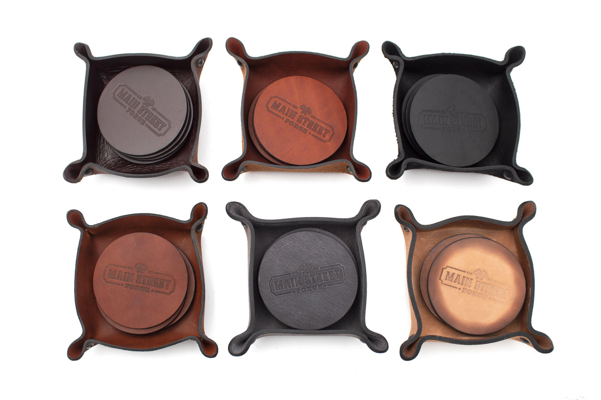 Main Street Forge Small Goods Leather Coaster Set with Tray | Hand Made in USA | Rustic Modern Design