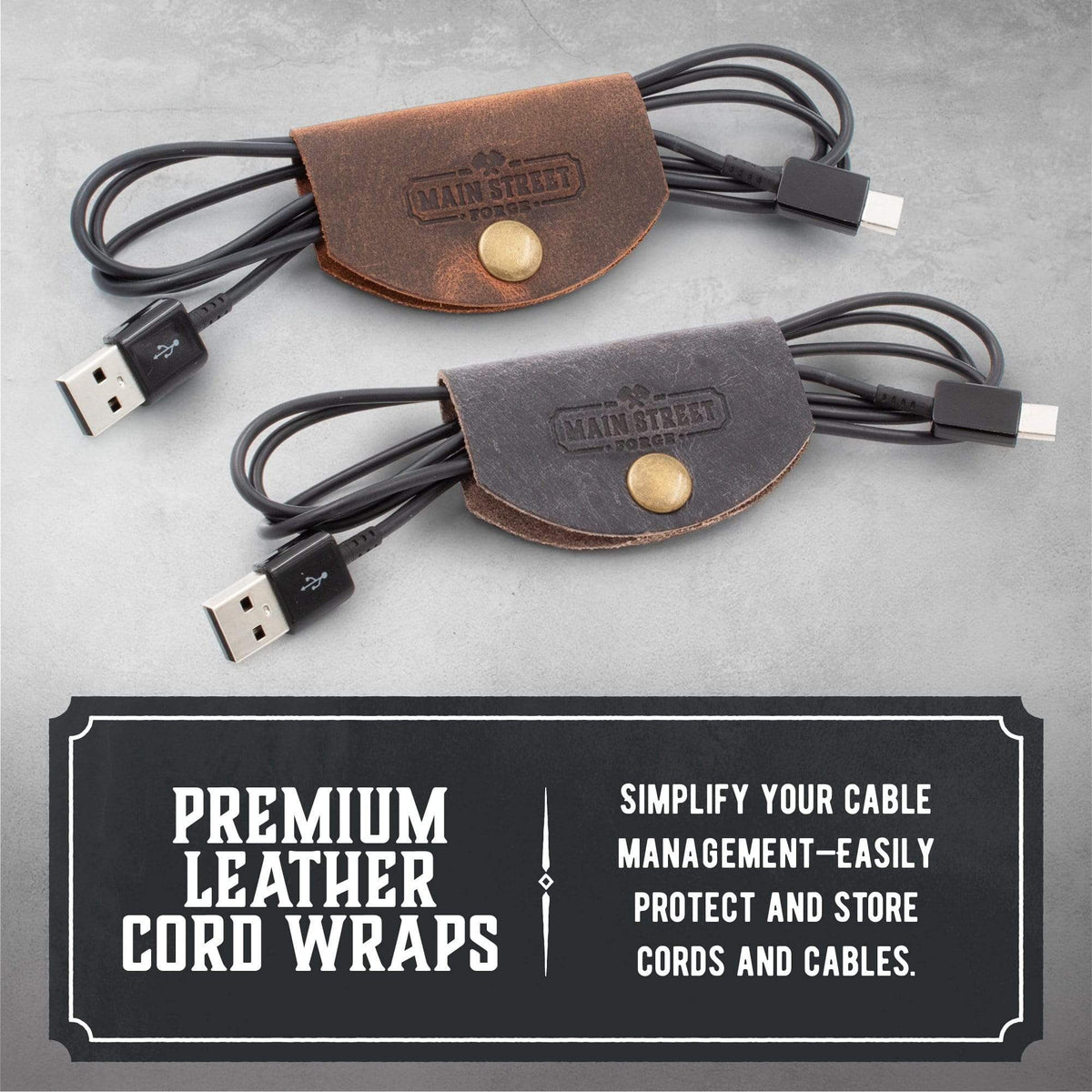 Main Street Forge Small Goods Leather Cord Wraps - Full Grain Leather - Made in USA - Cable Organizer for Charging Cords & More