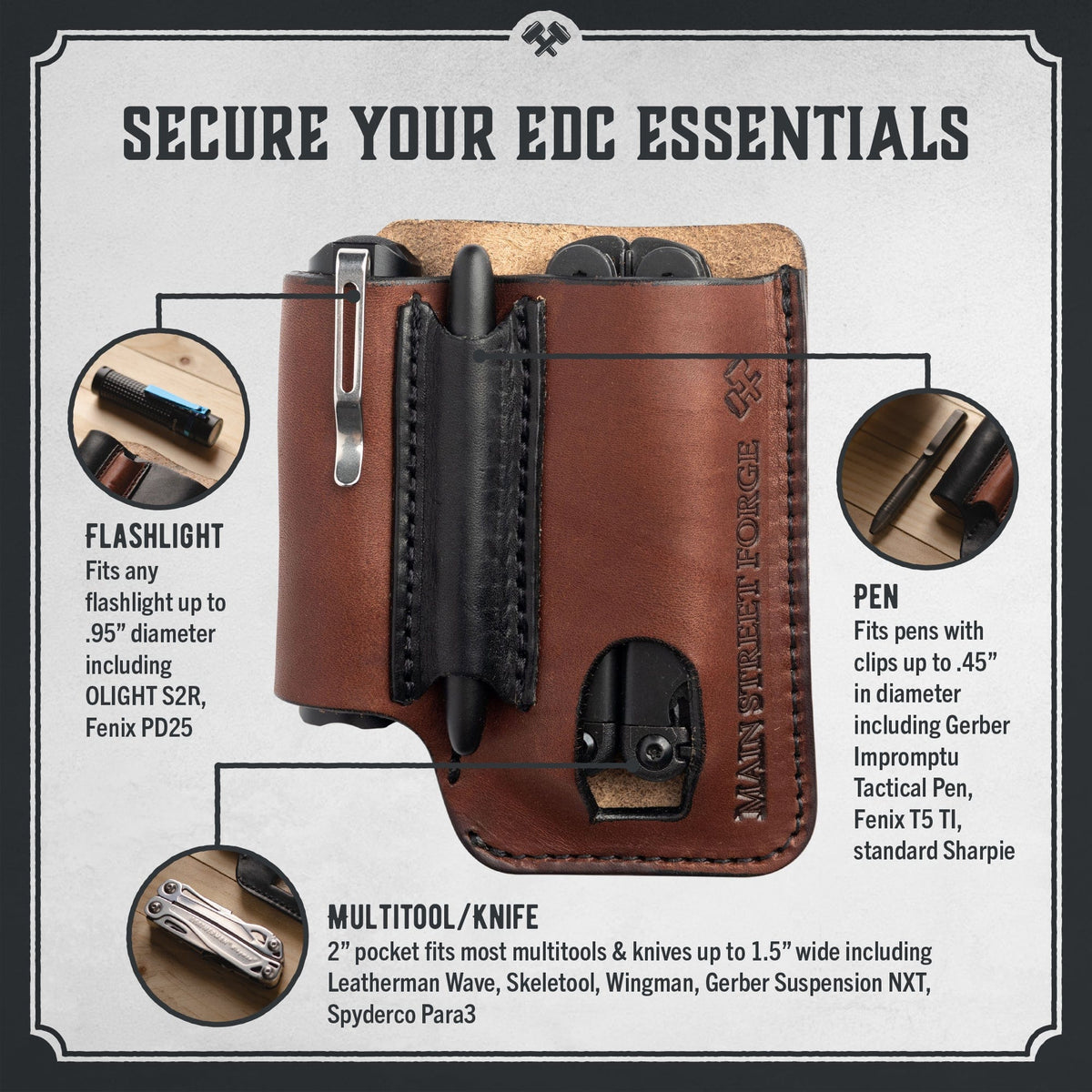 Main Street Forge EDC Leather EDC Pouch - Belt clip Multitool, Flashlight & Pen Sheath