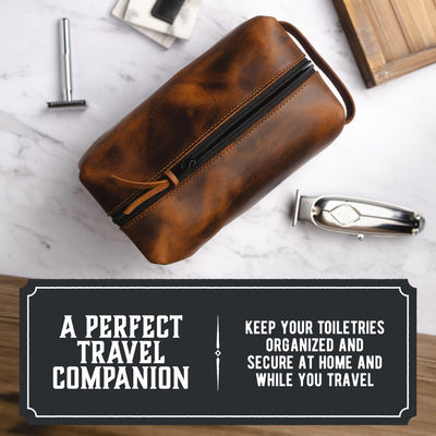 Main Street Forge Premium Full Grain Leather Toiletry Bag for Men | Made in USA | Travel Pack for Shaving Essentials & Accessories | Compact, Lightweight Mens Bathroom & Shower Case