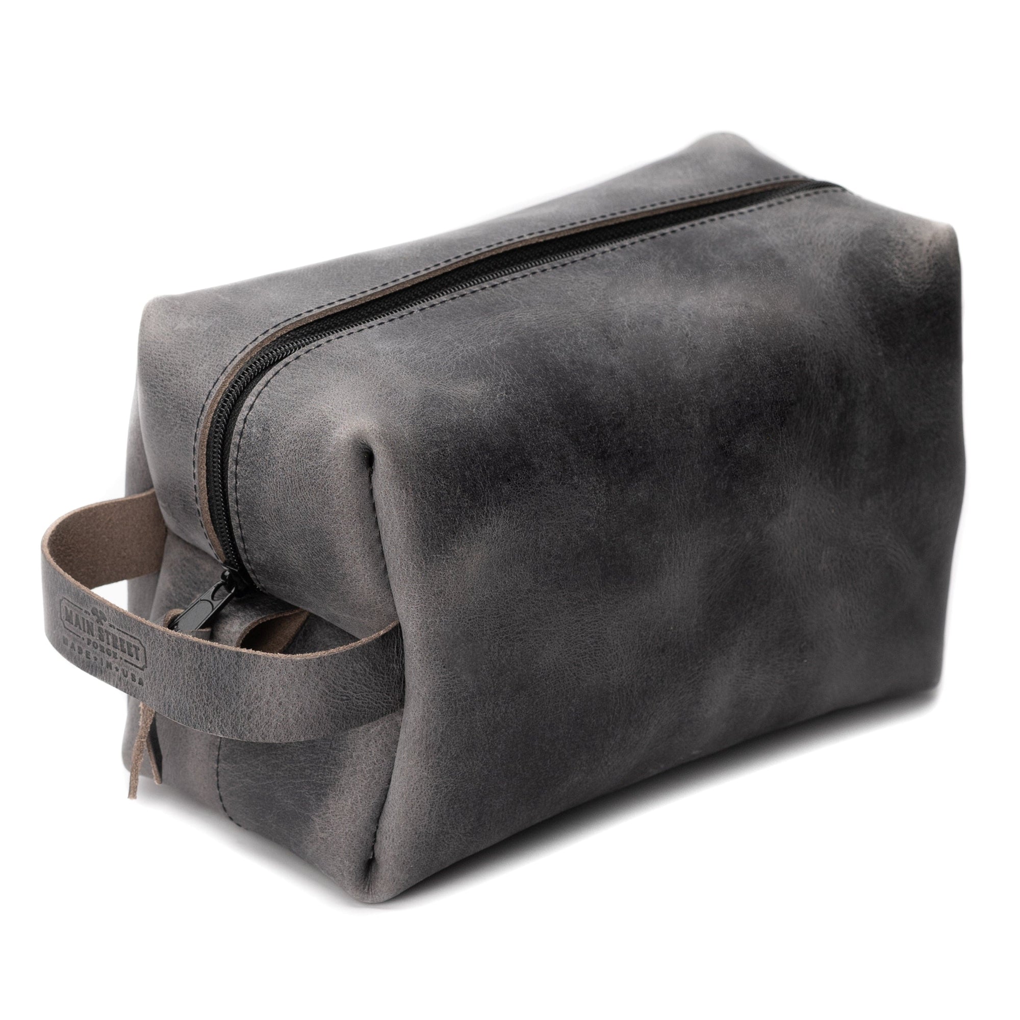 Main Street Forge Avalanche Gray Premium Full Grain Leather Toiletry Bag for Men | Made in USA | Travel Pack for Shaving Essentials & Accessories | Compact, Lightweight Mens Bathroom & Shower Case 816895026700
