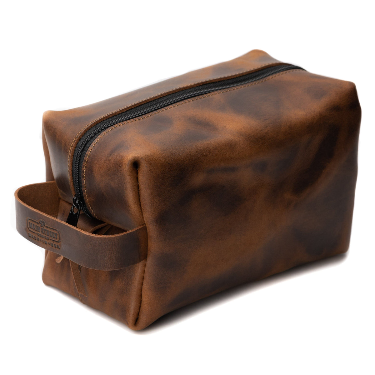 Main Street Forge Bootlegger Brown Premium Full Grain Leather Toiletry Bag for Men | Made in USA | Travel Pack for Shaving Essentials &amp; Accessories | Compact, Lightweight Mens Bathroom &amp; Shower Case
