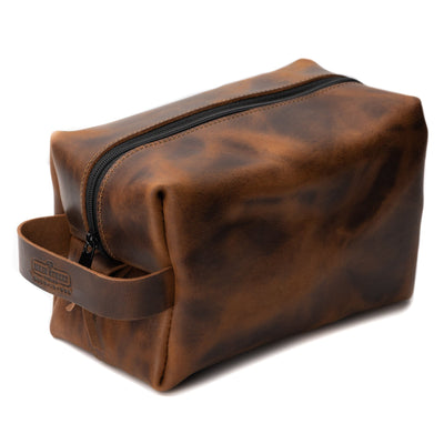 Main Street Forge Bootlegger Brown Premium Full Grain Leather Toiletry Bag for Men | Made in USA | Travel Pack for Shaving Essentials & Accessories | Compact, Lightweight Mens Bathroom & Shower Case